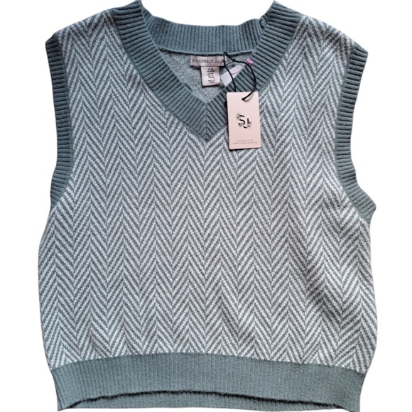 Sincerely Jules Women’s Medium Green White Herringbone Sweater Vest NWT - Picture 5 of 9